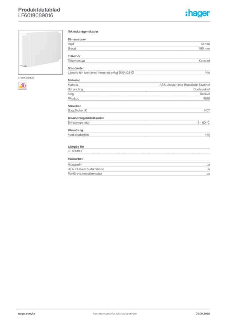 Bild Hager Produktdatablad LF6019089016 | Hager Sverige