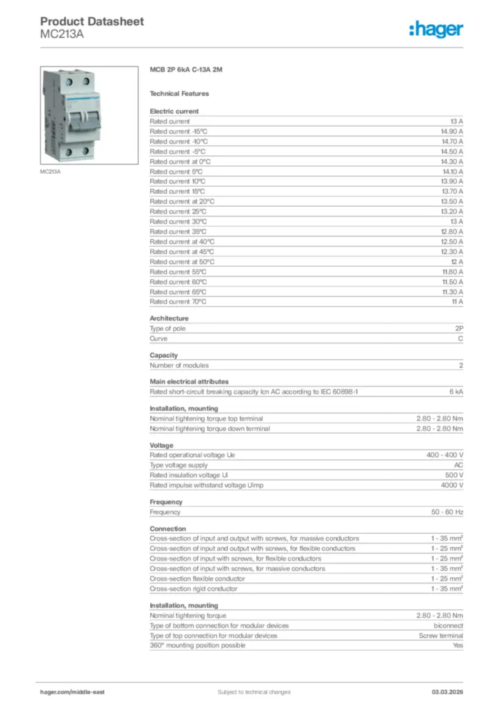 Image Hager Product data sheet MC213A  | Hager