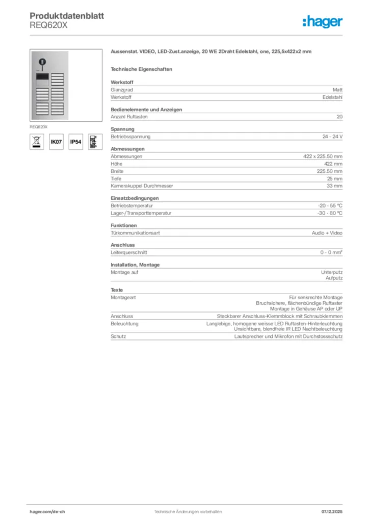 Bild Hager Produktdatenblatt REQ620X | Hager Schweiz