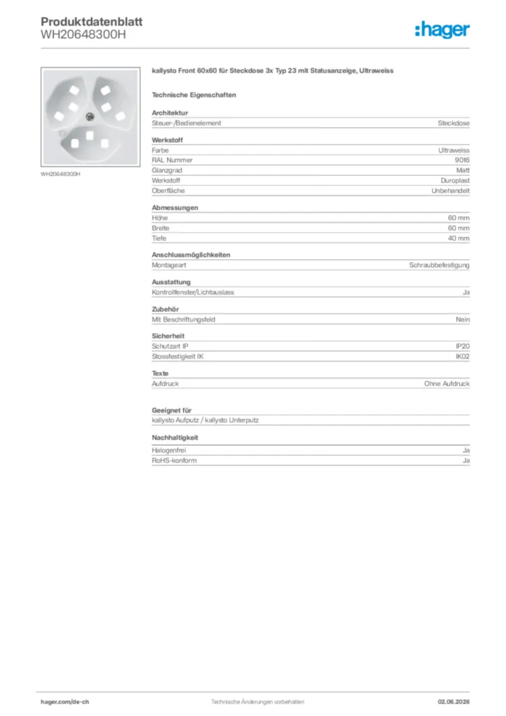 Bild Hager Produktdatenblatt WH20648300H | Hager Schweiz