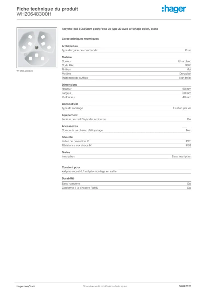 Image Hager Fiche technique du produit WH20648300H | Hager Suisse