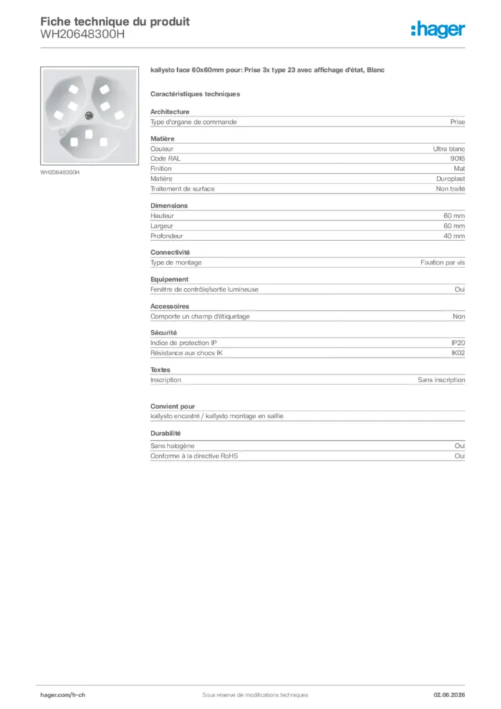 Image Hager Fiche technique du produit WH20648300H | Hager Suisse