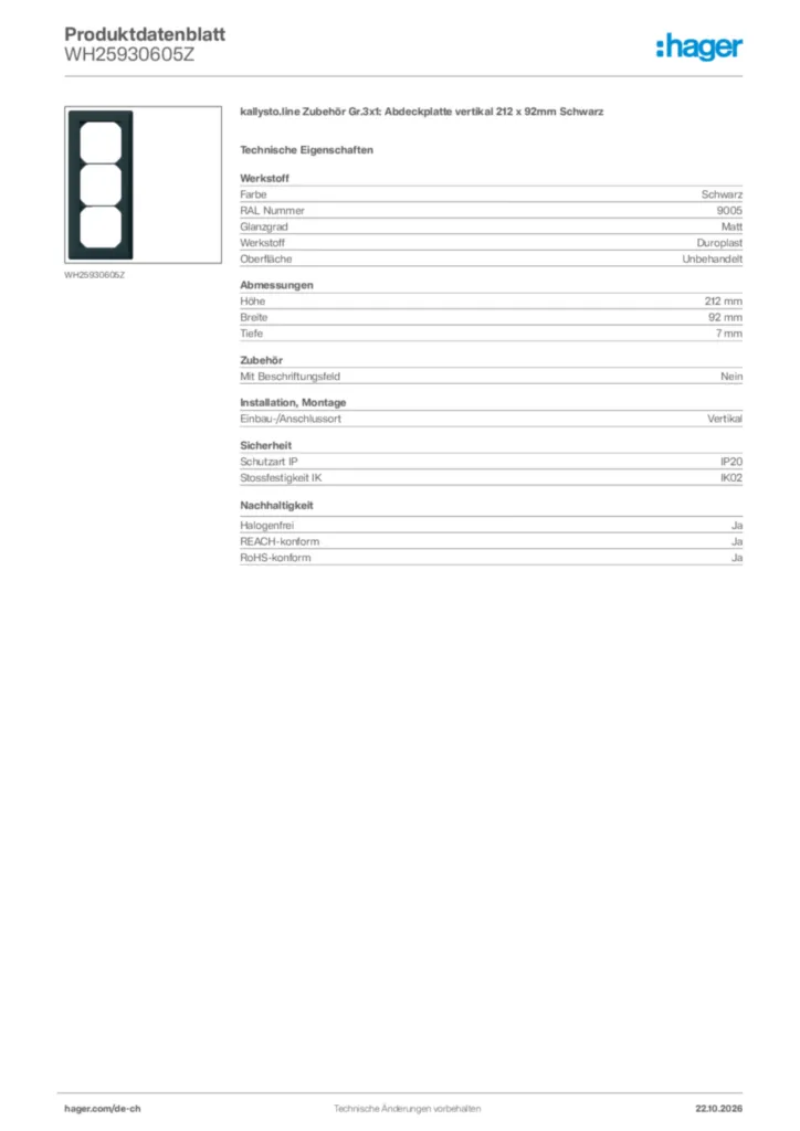 Bild Hager Produktdatenblatt WH25930605Z | Hager Schweiz