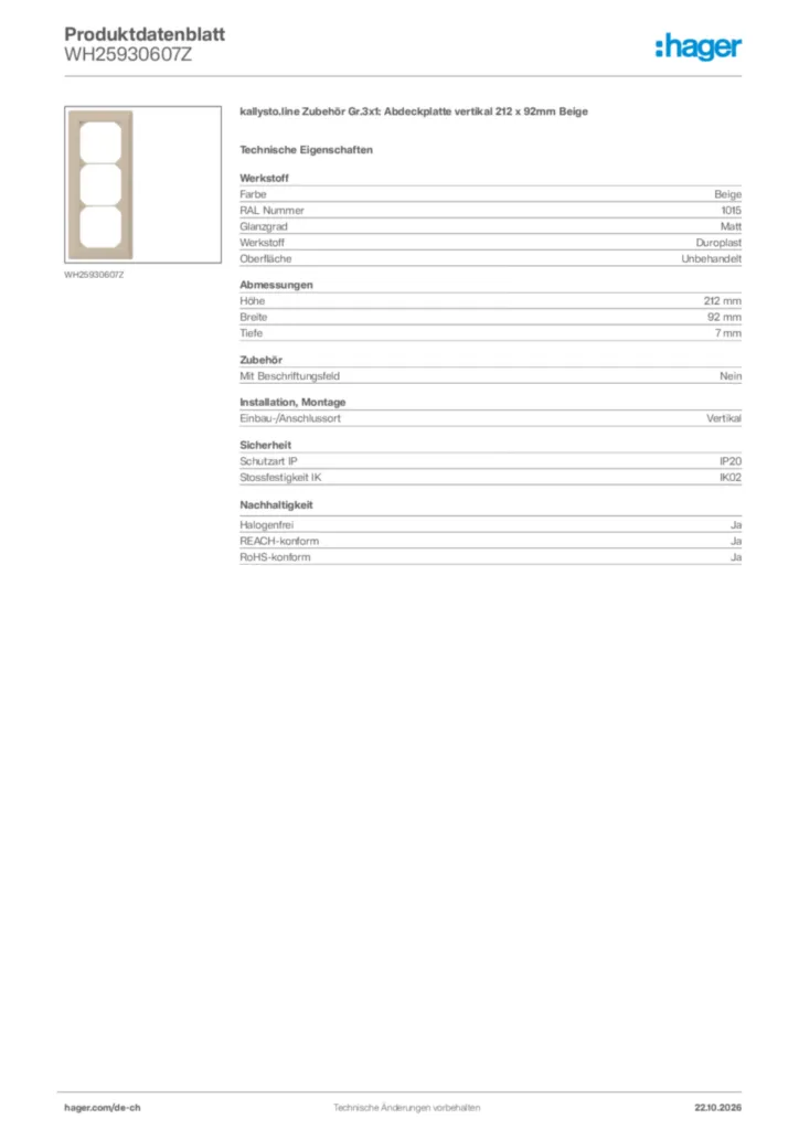 Bild Hager Produktdatenblatt WH25930607Z | Hager Schweiz