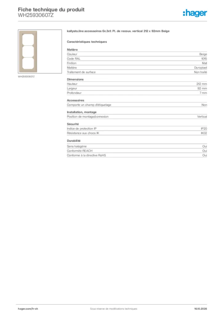 Image Hager Fiche technique du produit WH25930607Z | Hager Suisse