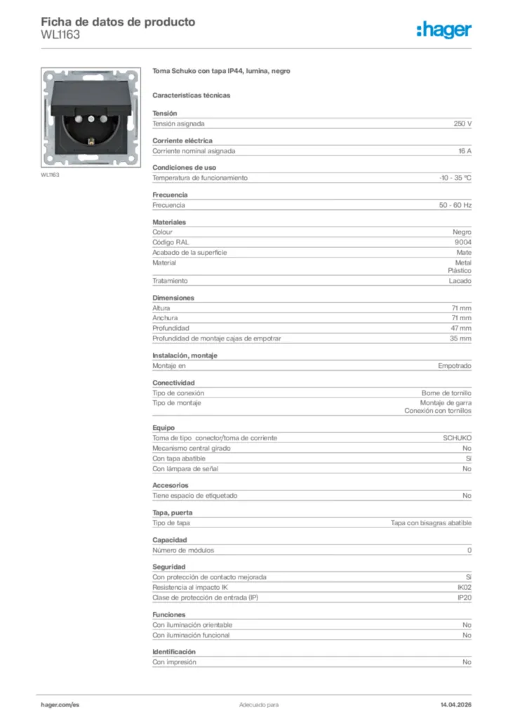 Imagen Hager Ficha de datos de producto WL1163 | Hager España