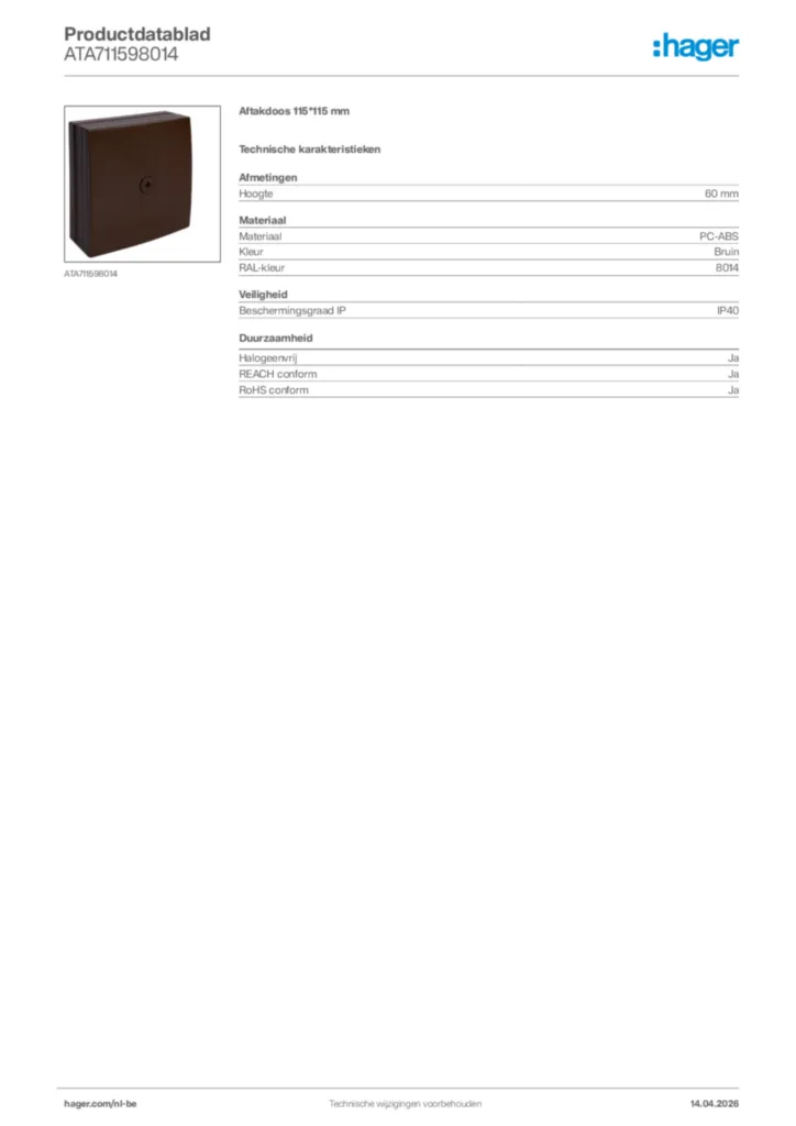 Afbeelding Hager Productdatablad ATA711598014 | Hager Belgium