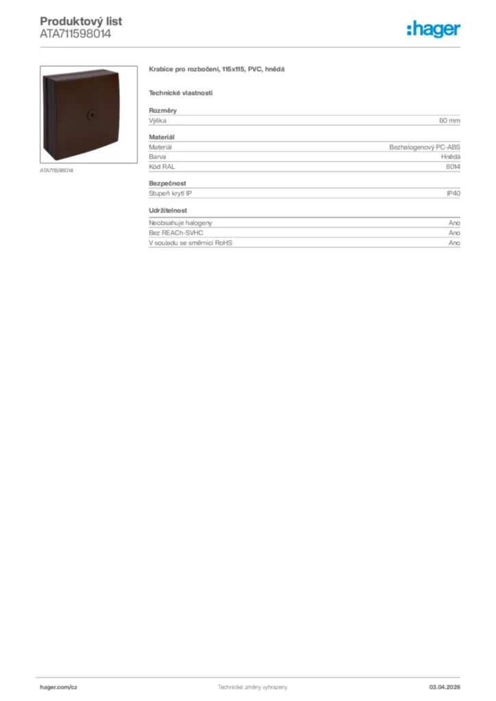 Obrázek Hager Product data sheet ATA711598014 | Hager