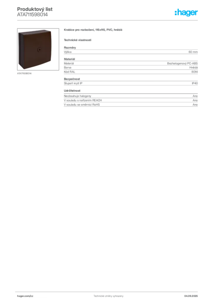 Obrázek Hager Produktový list ATA711598014 | Hager