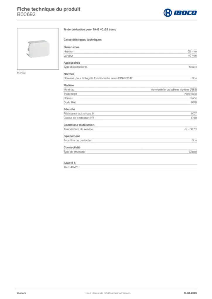 Image Iboco Fiche technique du produit B00692 | Hager France