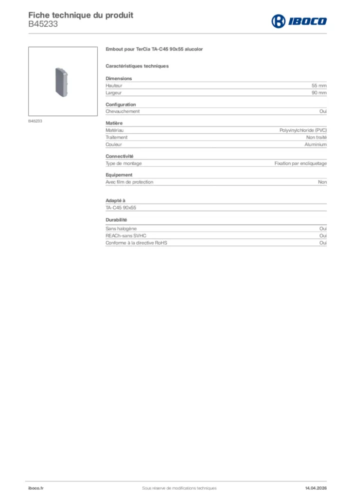 Image Iboco Fiche technique du produit B45233 | Hager France