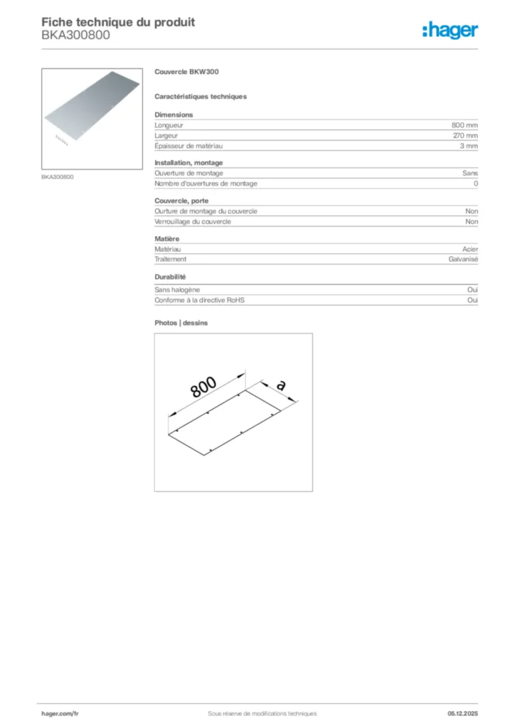 Image Hager Fiche technique du produit BKA300800 | Hager France