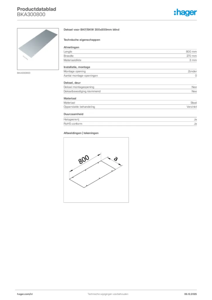Afbeelding Hager Productdatablad BKA300800 | Hager Nederland