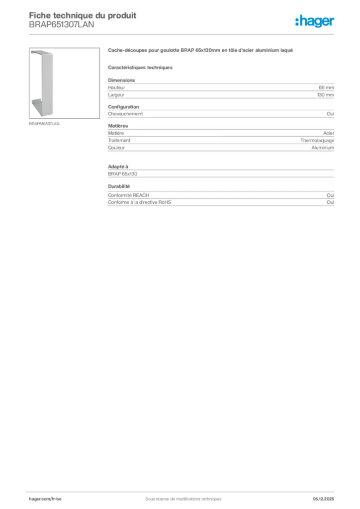 Image Hager Fiche technique du produit BRAP651307LAN | Hager Belgique