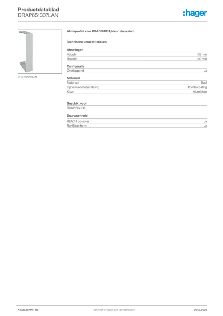 Afbeelding Hager Productdatablad BRAP651307LAN | Hager Belgium