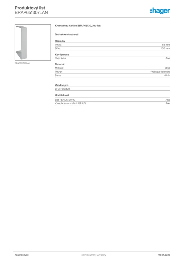 Obrázek Hager Product data sheet BRAP651307LAN | Hager
