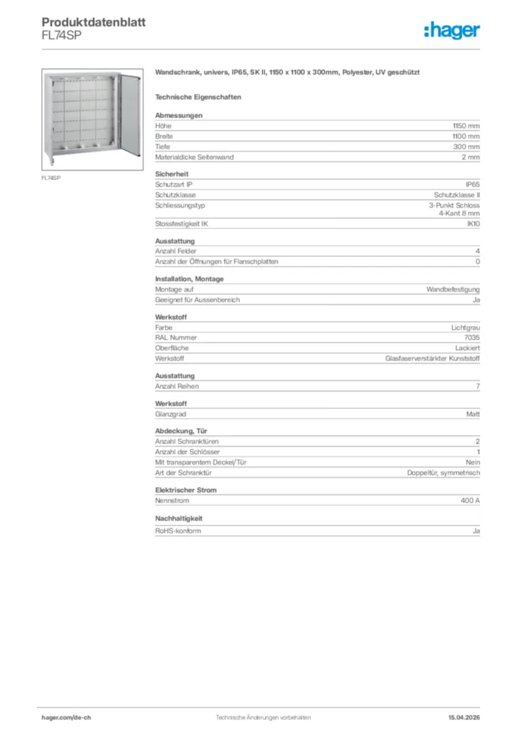 Bild Hager Produktdatenblatt FL74SP | Hager Schweiz