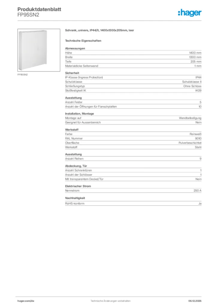 Hager Produktdatenblatt FP95SN2