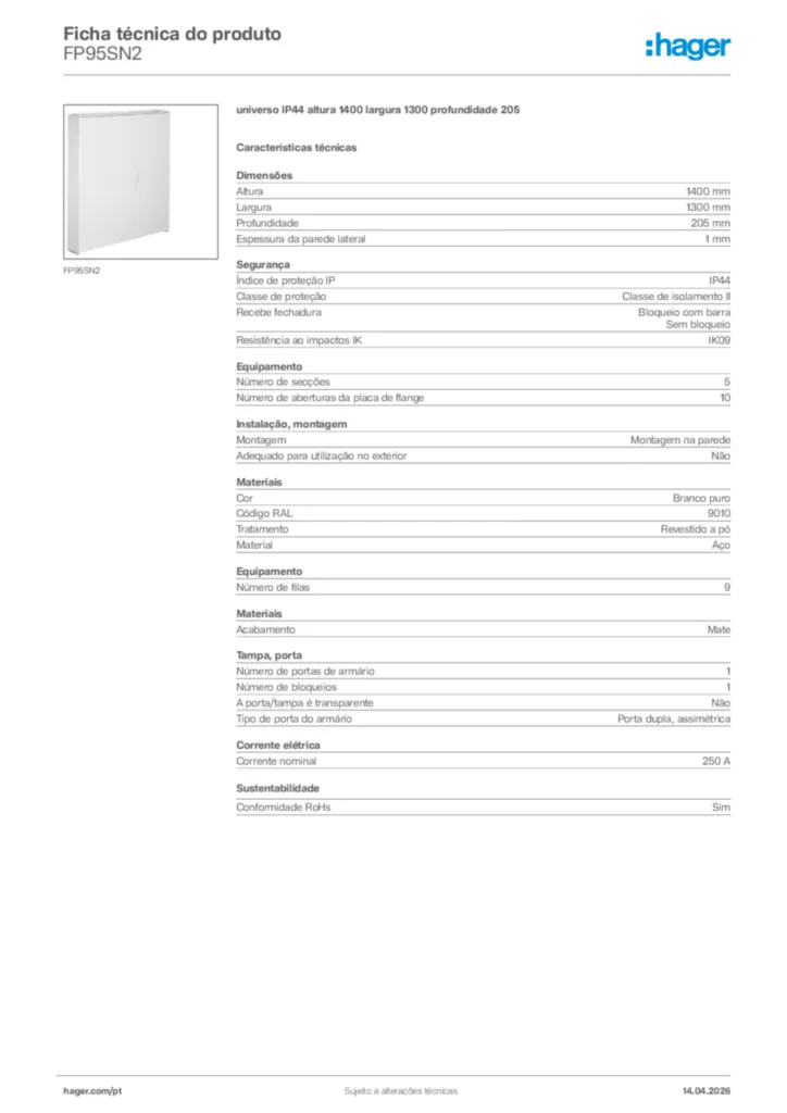 Imagem Hager Ficha técnica do produto FP95SN2 | Hager Portugal