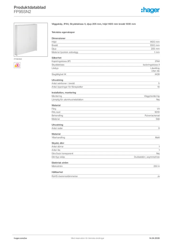 Bild Hager Produktdatablad FP95SN2 | Hager Sverige