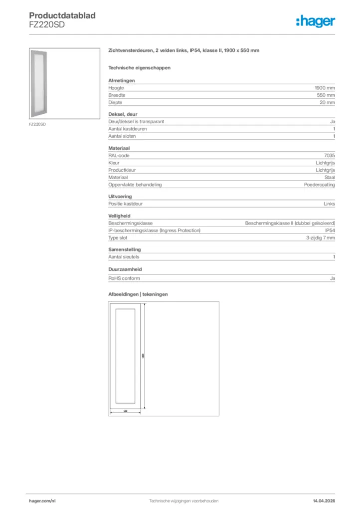 Afbeelding Hager Productdatablad FZ220SD | Hager Nederland