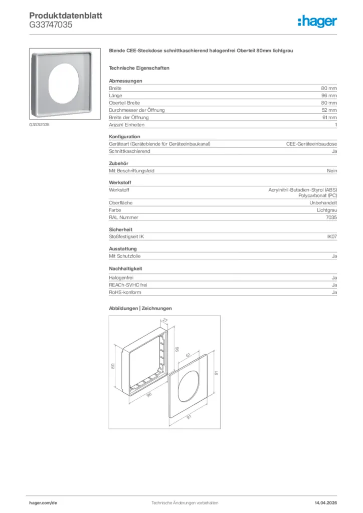 Bild Hager Produktdatenblatt G33747035 | Hager Deutschland