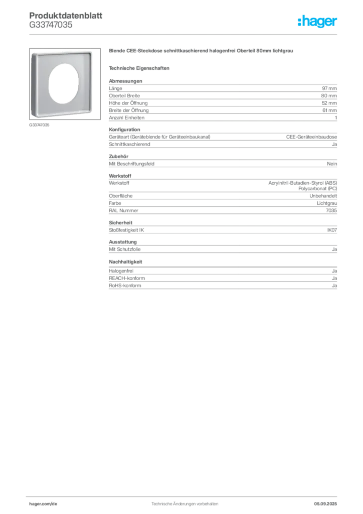 Bild Hager Produktdatenblatt G33747035 | Hager Deutschland
