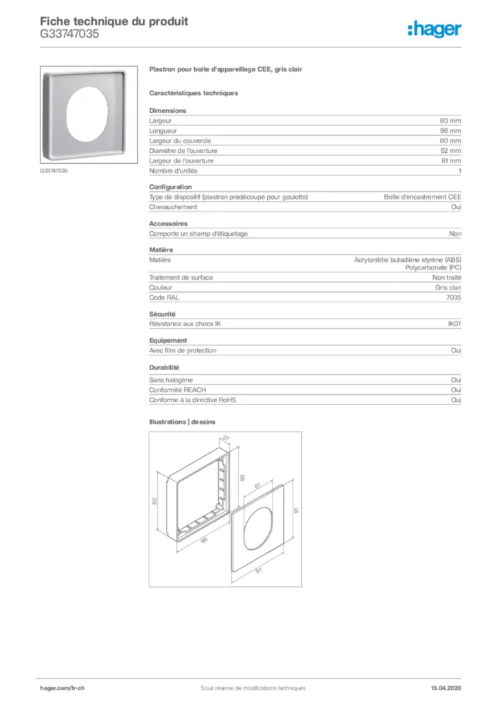 Image Hager Fiche technique du produit G33747035 | Hager Suisse