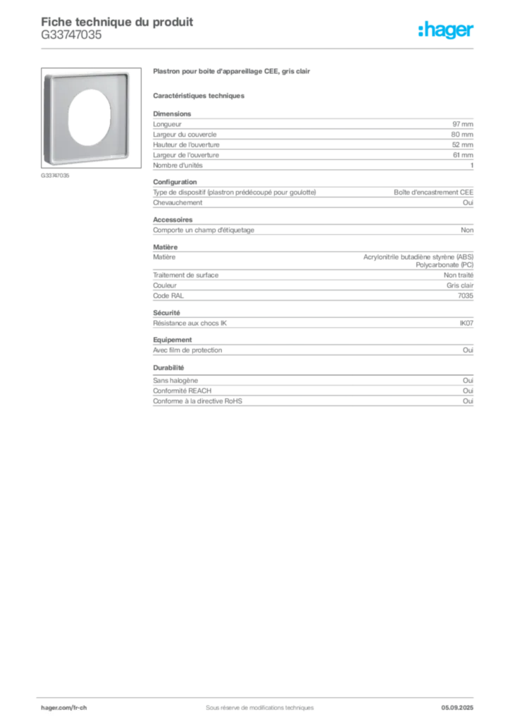 Image Hager Fiche technique du produit G33747035 | Hager Suisse