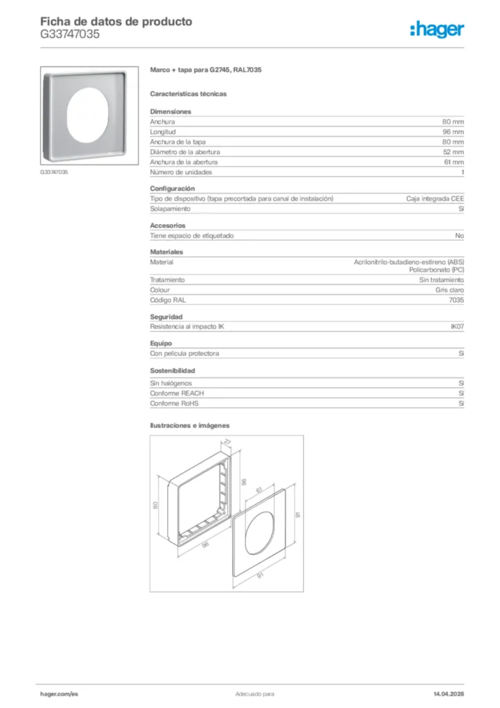 Imagen Hager Ficha de datos de producto G33747035 | Hager España