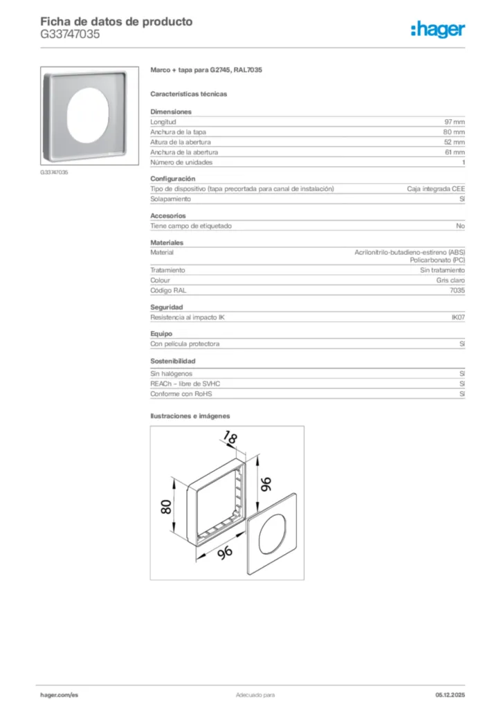Imagen Hager Ficha de datos de producto G33747035 | Hager España