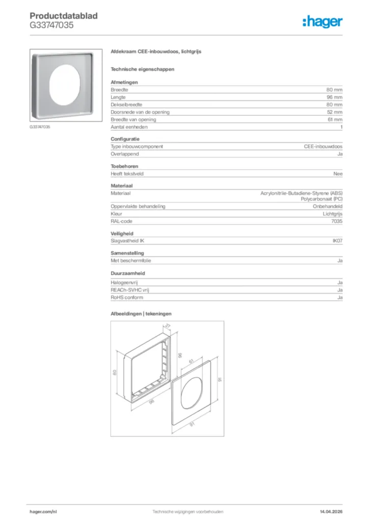 Afbeelding Hager Productdatablad G33747035 | Hager Nederland