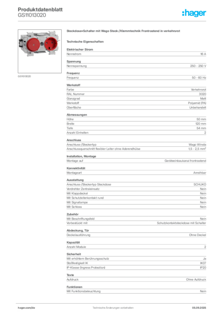 Bild Hager Produktdatenblatt GS11013020 | Hager Deutschland