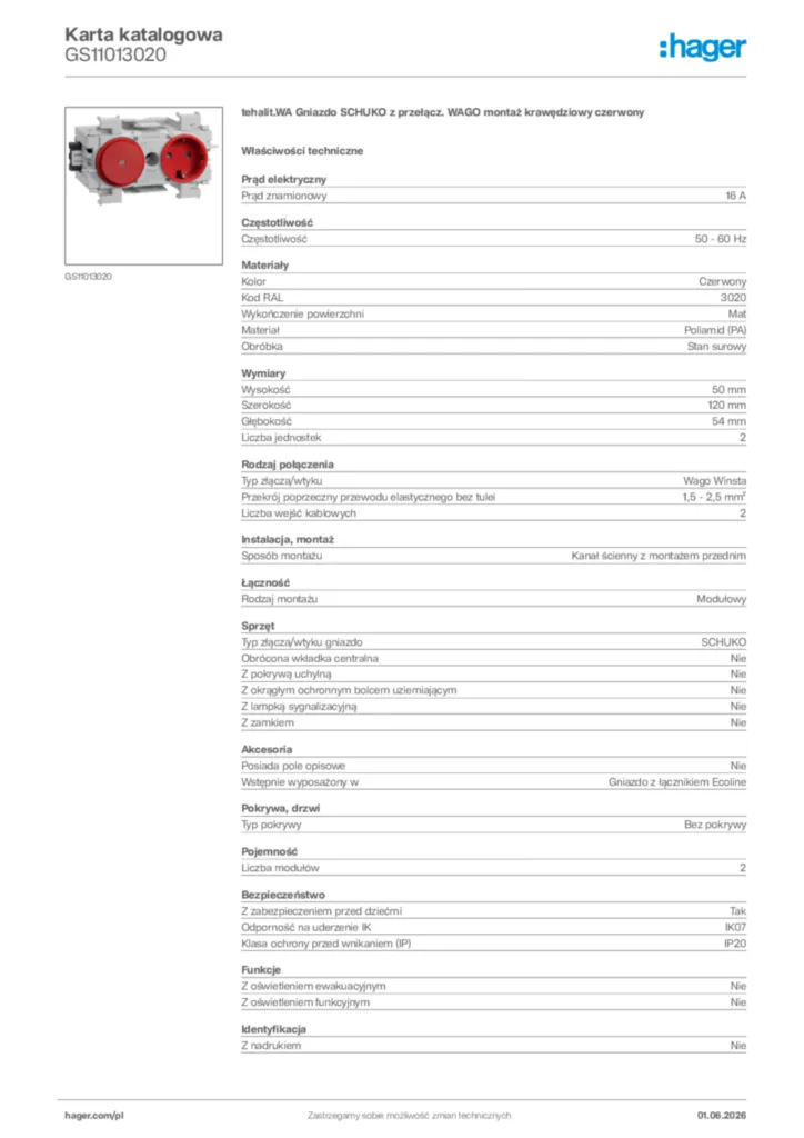 Zdjęcie Hager Karta katalogowa GS11013020 | Hager Polska