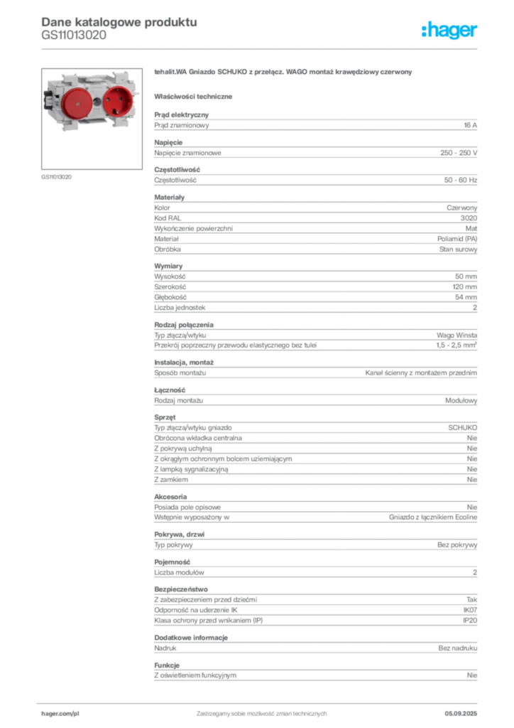 Zdjęcie Hager Dane katalogowe produktu GS11013020 | Hager Polska