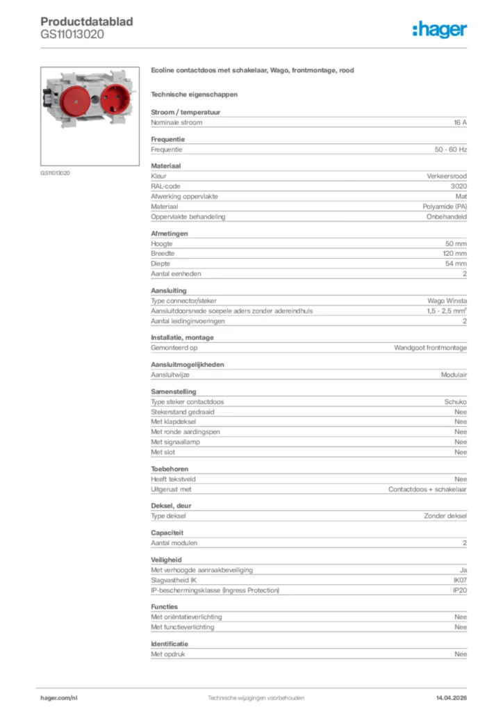 Afbeelding Hager Productdatablad GS11013020 | Hager Nederland