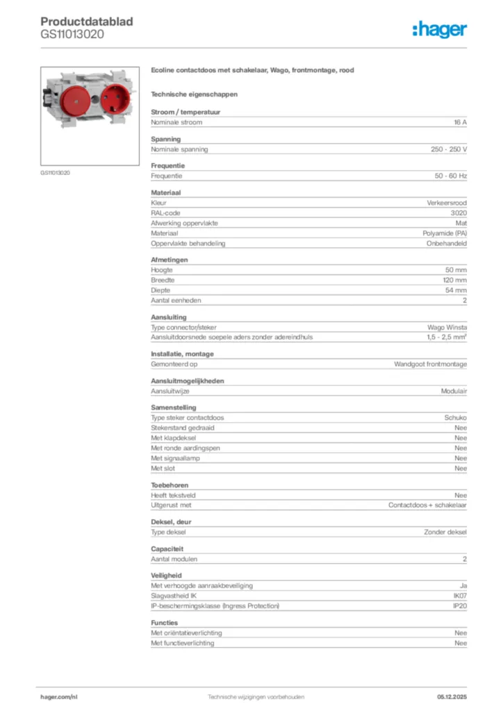 Afbeelding Hager Productdatablad GS11013020 | Hager Nederland