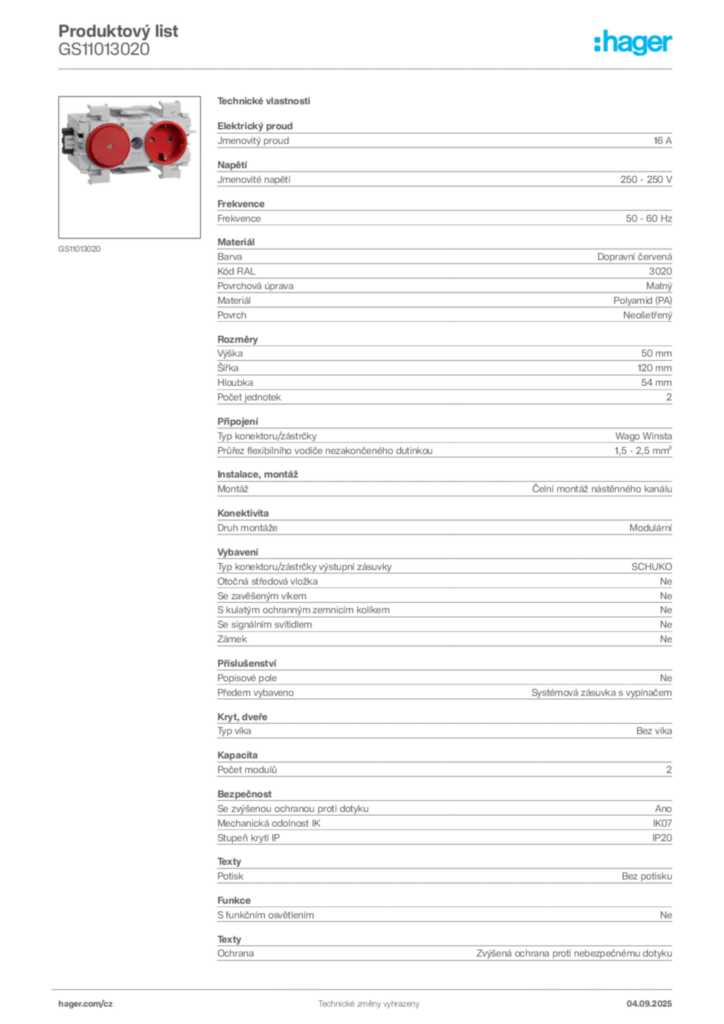 Obrázek Hager Produktový list GS11013020 | Hager