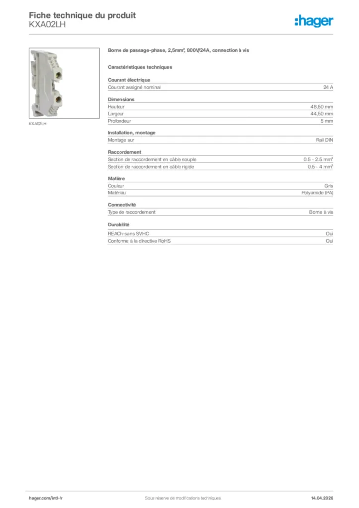 Image Hager Fiche technique du produit KXA02LH | Hager Afrique
