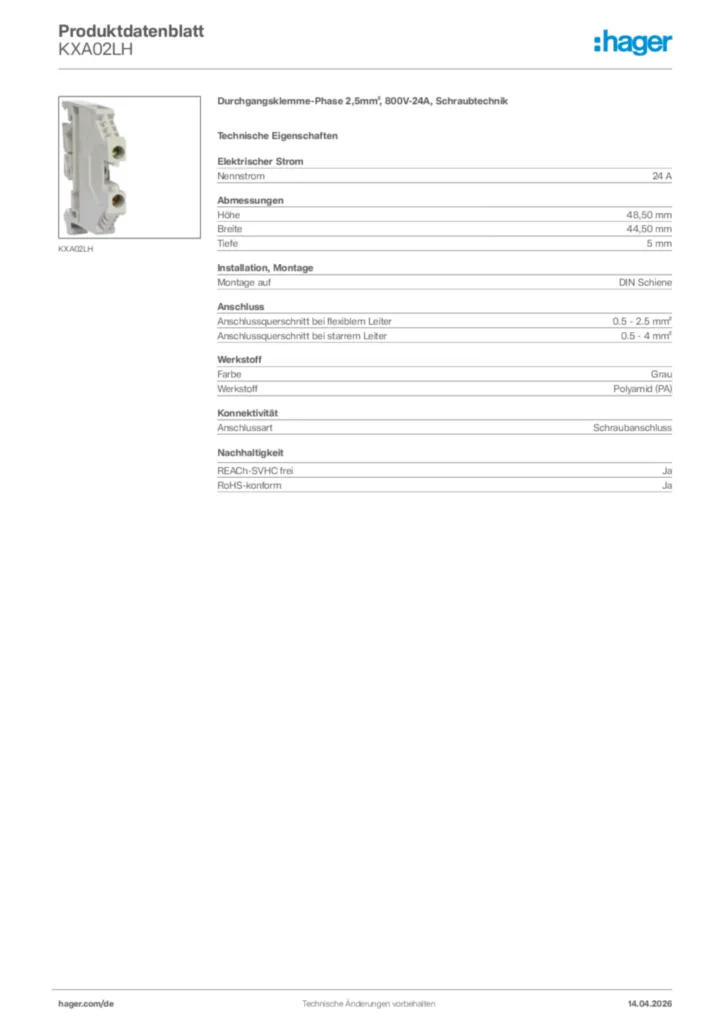 Bild Hager Produktdatenblatt KXA02LH | Hager Deutschland