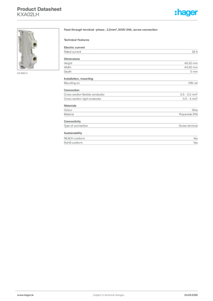 Image Hager Product data sheet KXA02LH  | Hager