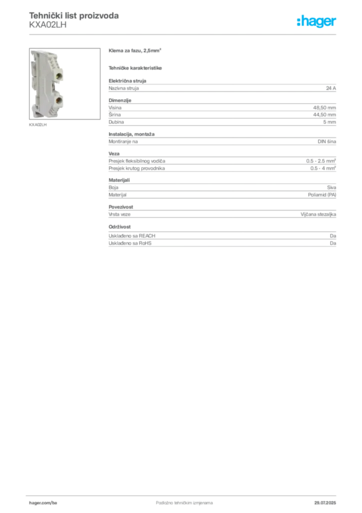 Slika Hager Product data sheet KXA02LH  | Hager