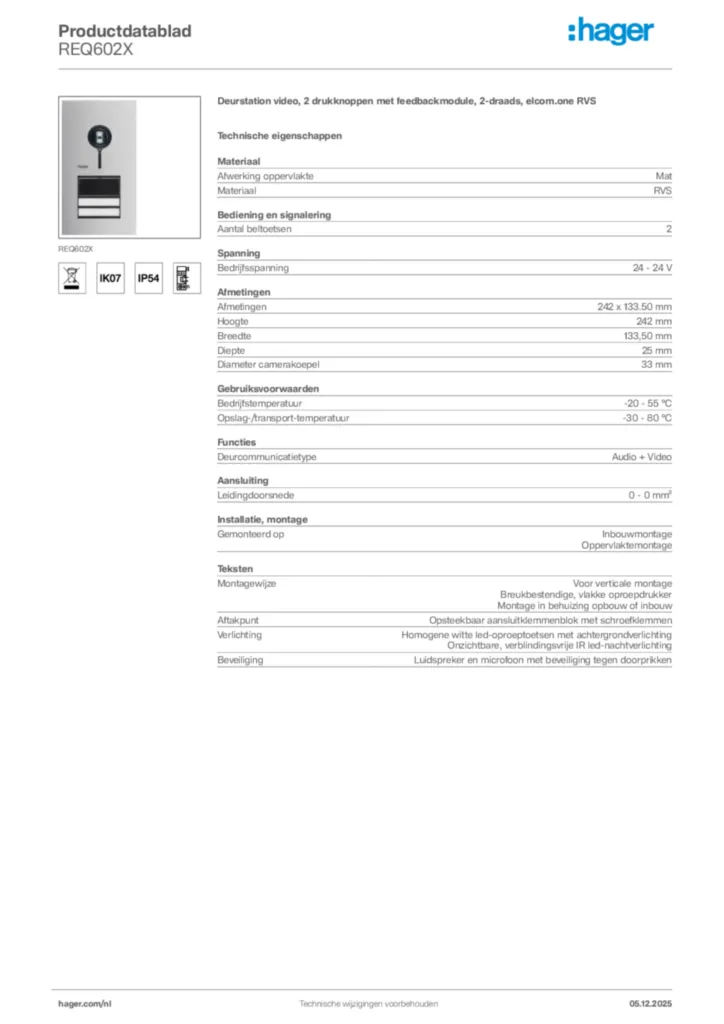 Afbeelding Hager Productdatablad REQ602X | Hager Nederland
