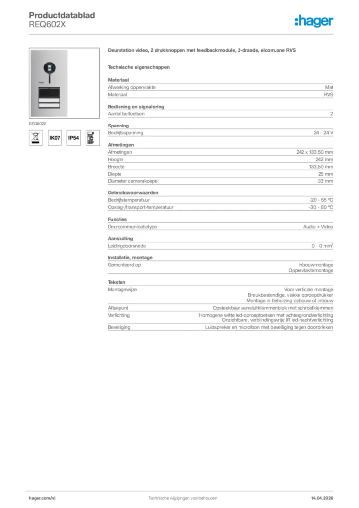 Afbeelding Hager Productdatablad REQ602X | Hager Nederland