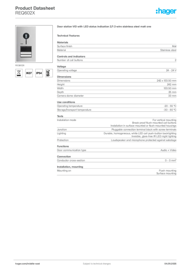 Image Hager Product data sheet REQ602X  | Hager
