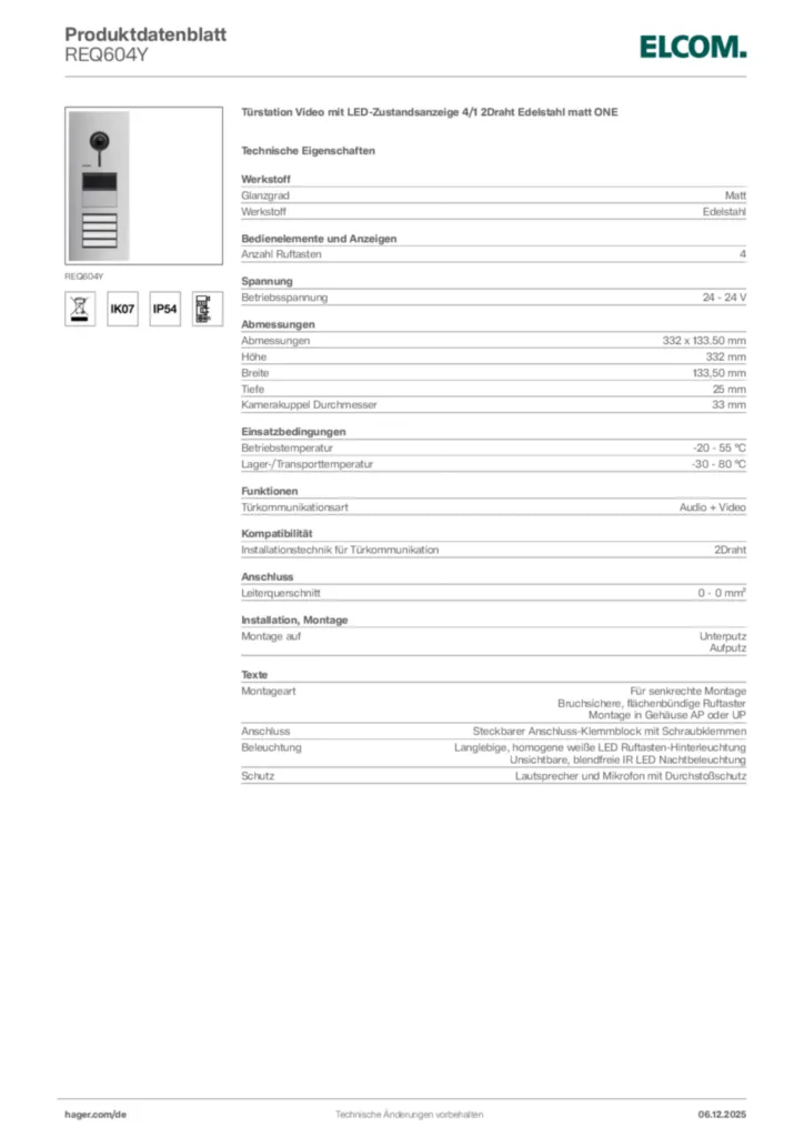 Bild Elcom Produktdatenblatt REQ604Y | Hager Deutschland