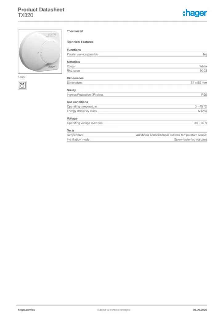 Image Hager Product data sheet TX320  | Hager Australia
