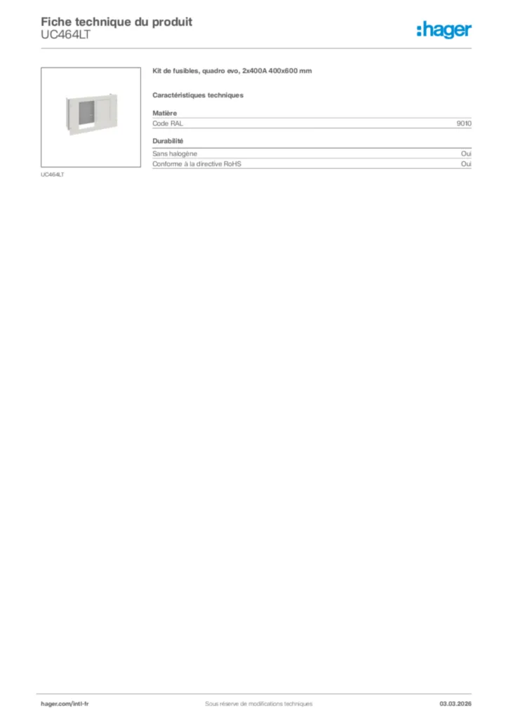 Image Hager Fiche technique du produit UC464LT | Hager Afrique