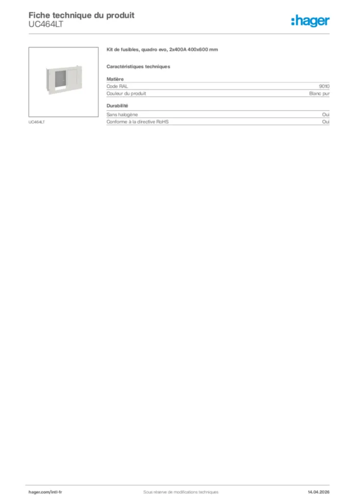 Image Hager Fiche technique du produit UC464LT | Hager Afrique