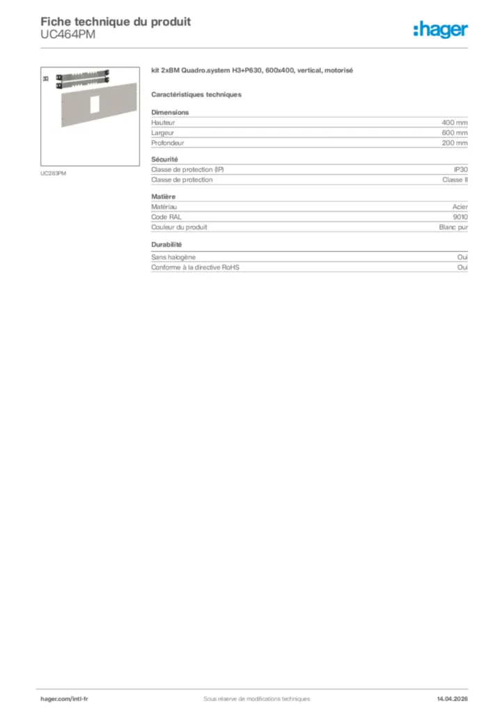 Image Hager Fiche technique du produit UC464PM | Hager Afrique